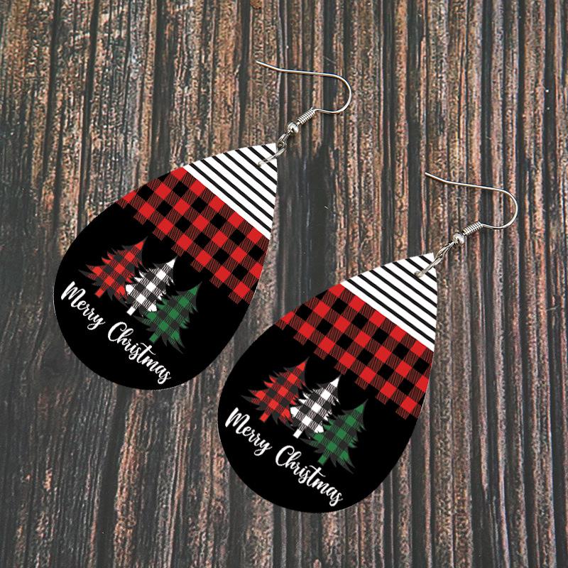 Patchwork Red Plaid & Striped Leather Christmas Tree Earrings