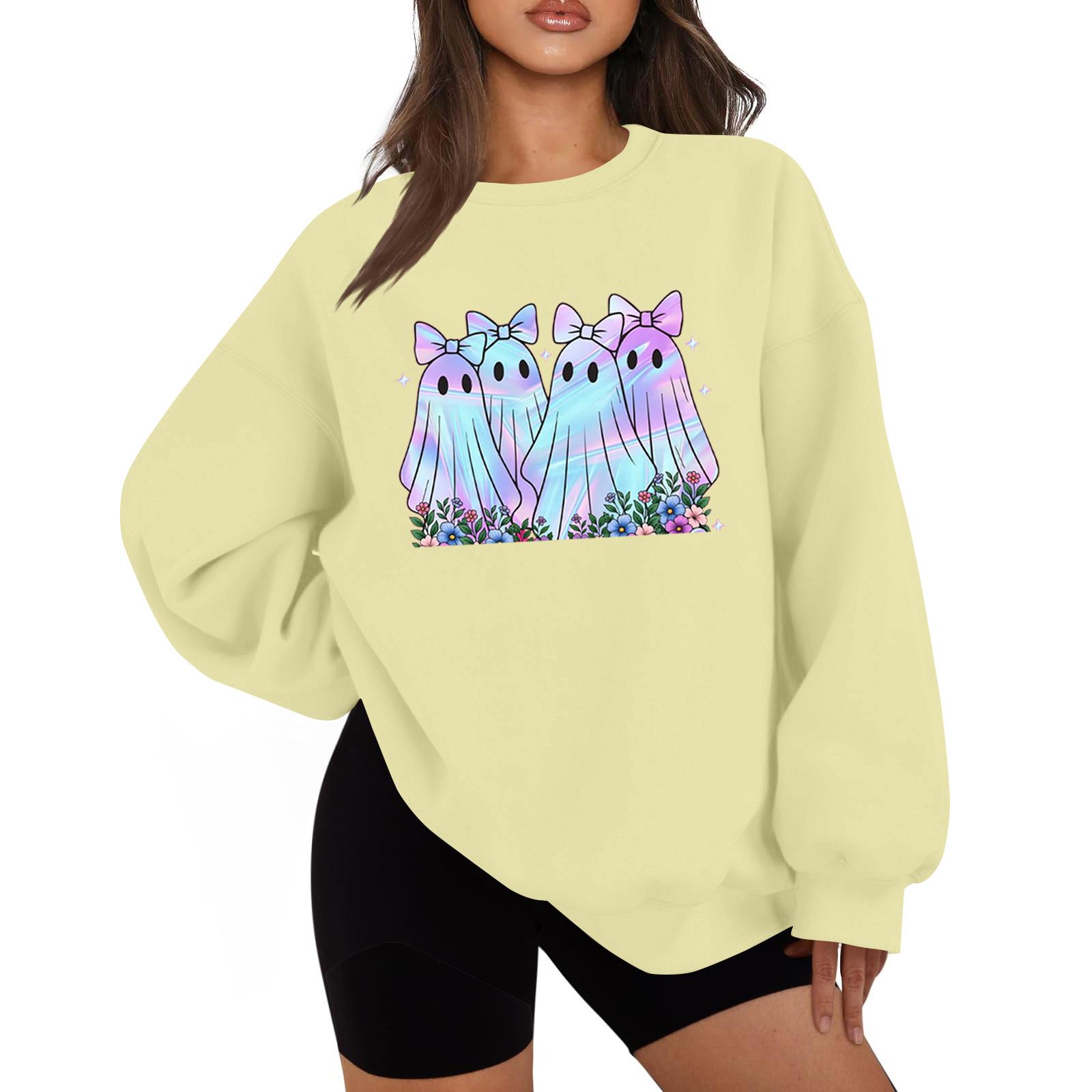 

Жіночий модний повсякденний топ з круглим вирізом і принтом на Хелловін з довгим рукавом L бежевий