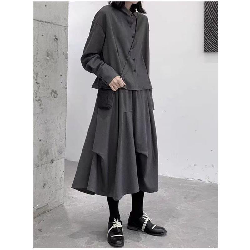 Women s Autumn/Winter Wool Pleated A-Line Skirt - Irregular Hem, Mid-Length, Large Hem One Size темно-серого