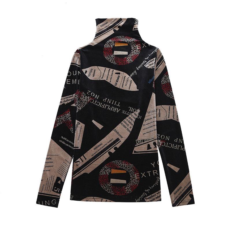 Winter Printed Top Temperament High-neck Long-sleeved T-shirt for Women Casual Velvet Base Shirt