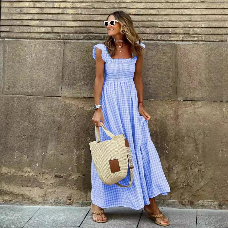 Summer women's clothing collage plaid suspender elastic pendulum dress