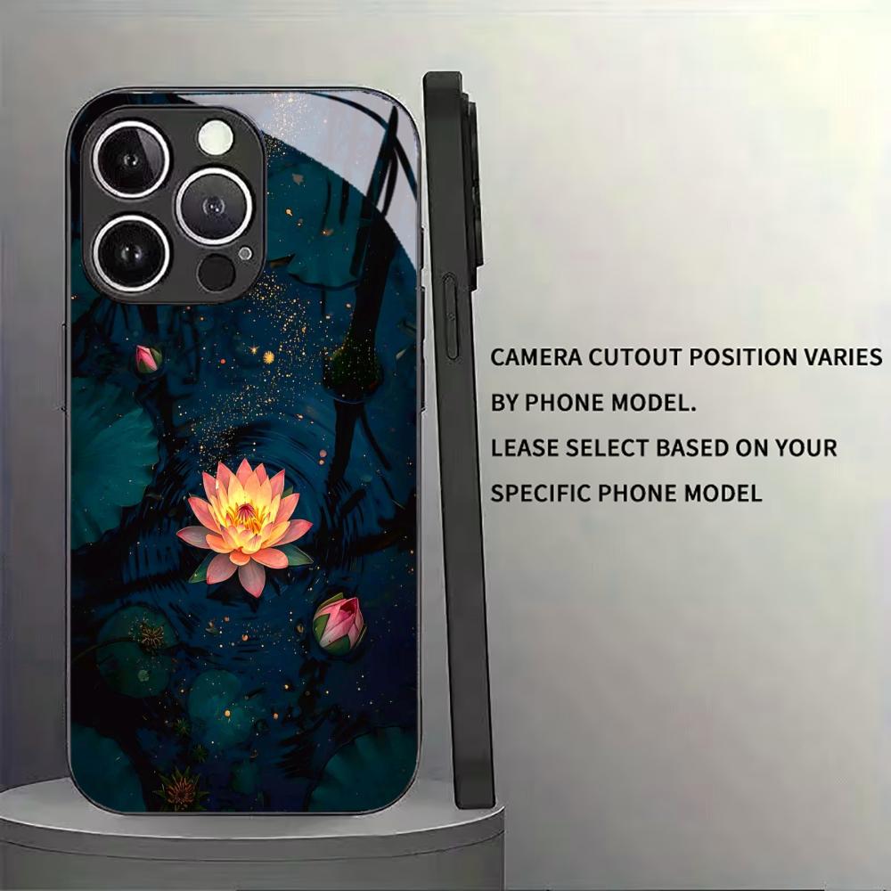 Lotus Black Tempered Glass Case For iPhone 17 16 15 14 13 12 Pro Max Shockproof Anti Fingerprint Phone Back Cover Hard Shell