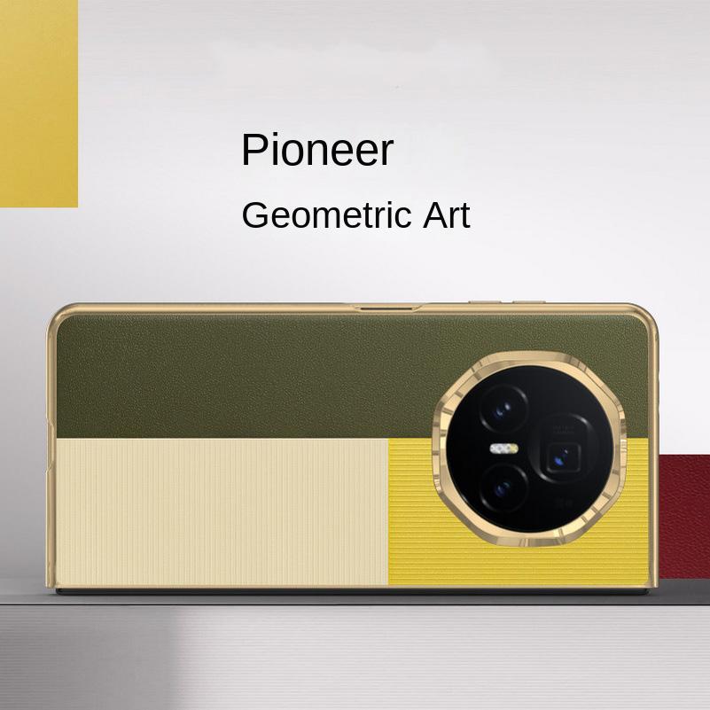 Schutzhülle aus schlichtem Leder mit geometrischen Ziernähten und farblich beschichtetem Rahmen für Honor Magic V3 (magic v 3 Slim) – Objektivschutz