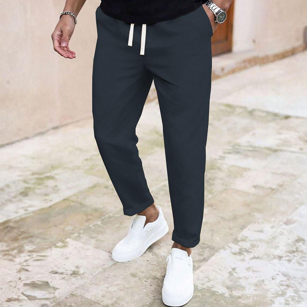 Pánské ležérní kalhoty s elastickým pasem se stahovací šňůrkou, prodyšné, jednobarevné