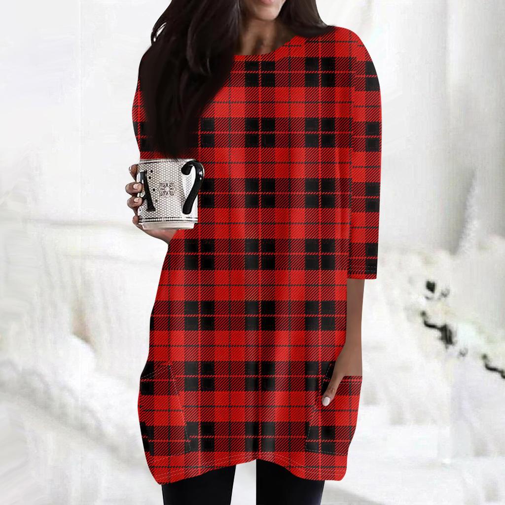 Damenmode Lässig 3/4 Ärmel Print Rundhals Doppelpattentasche T-Shirt Top