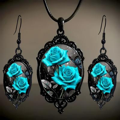 Vintage Style Pendant Necklace and Earrings Set Floral Pattern Oval Frame Lightweight Jewelry Set for Women and Girls