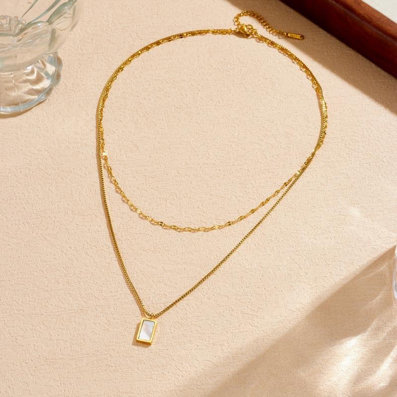 

Gold Plated Stainless Steel Double Layer Chain Necklace with Mother of Pearl Pendant for Women золотий
