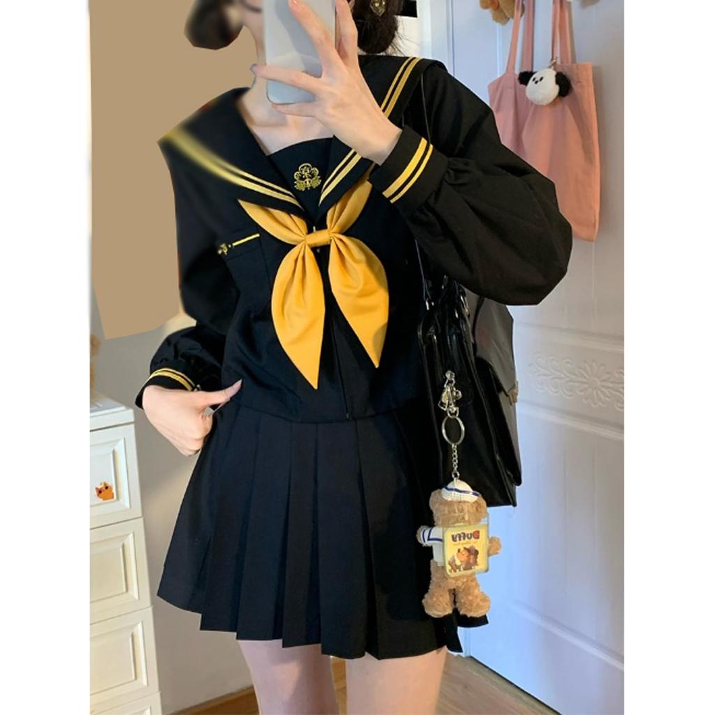 Longpen School Authentic Sailor Lolita Yellow Pleated Classic Cosplay Long JK Sailor School Lolita Costume for Photo Cultural Halloween Uniform, Suit,