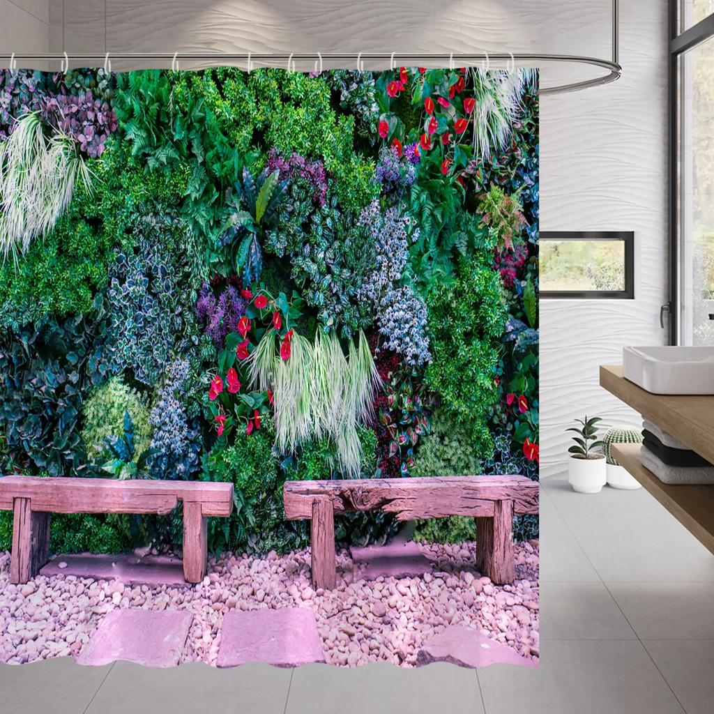 3D Landscape Shower Curtain Garden Wooden Bridge Plant Tree Flower Natural Scenery Bathroom Decor Hanging Wall Fabric Curtain