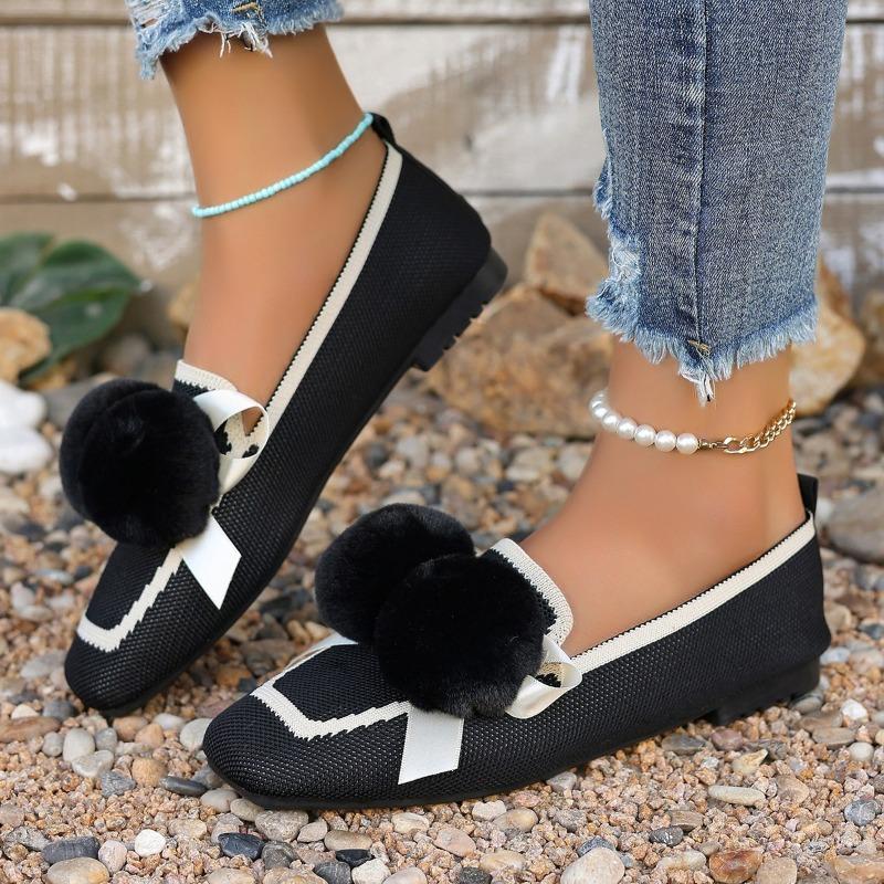 Large Size Fly-woven Breathable Flat-soled Single Shoes Women's Foot Glove Hairball Shallow Mouth Lazy Work Shoes