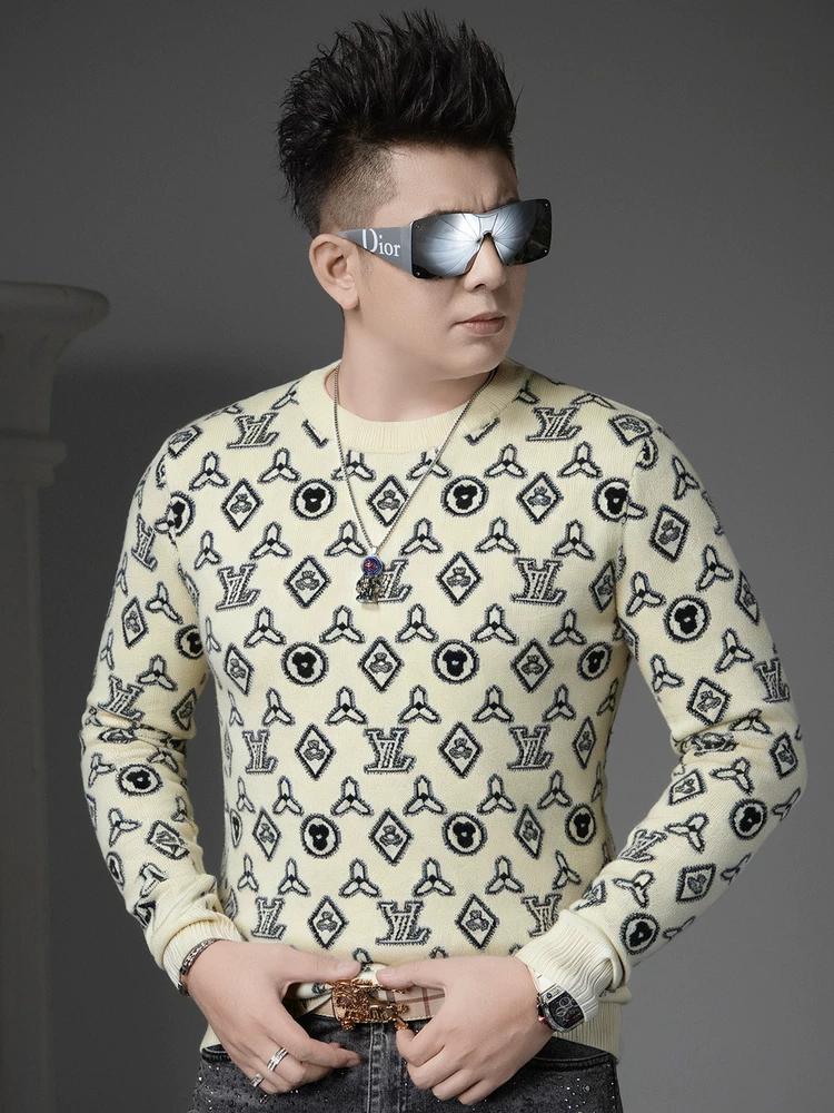 

European Style Trendy Floral Long-Sleeve Knit Sweater for Men, 2025 Autumn and Winter New Round-Neck Sweater, Inner Layer Base Shirt XL чёрный