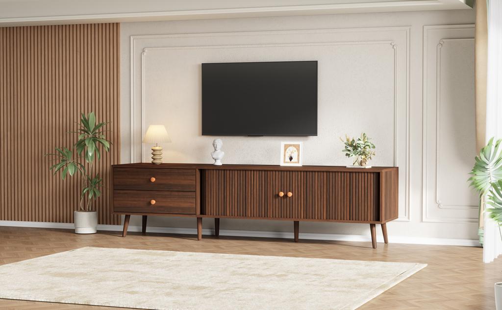Mobile TV Grande 180 x 40 x 46,5 cm Effetto Legno di Noce con Due Cassetti, Due Ante a Rullo e 7 Piedi di Supporto. Adatto per TV fino a 80 pollici.