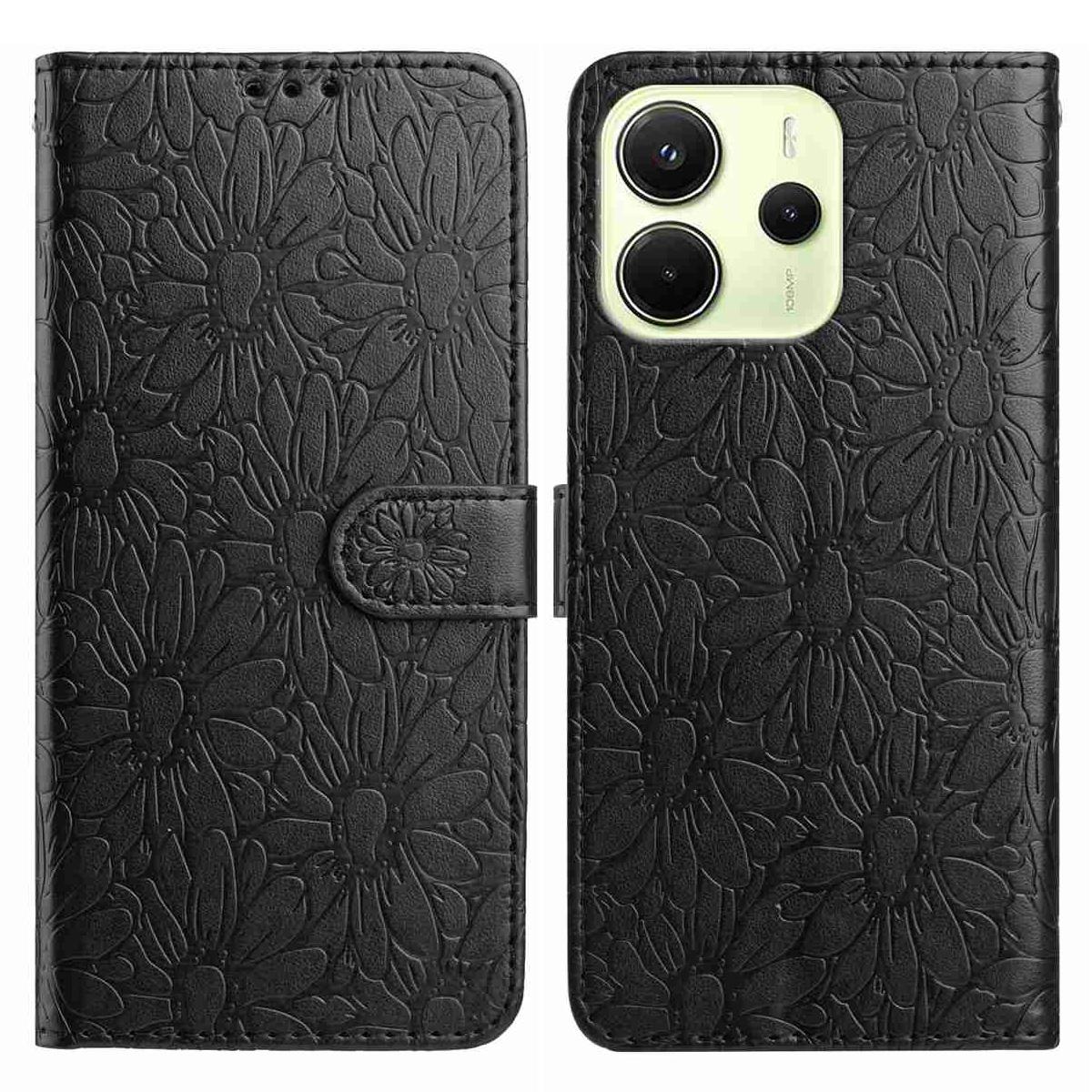 

For Xiaomi Redmi Note 14 4G (164.84mm) Leather Case Daisy Imprint Wallet Stand Phone Protective Cover Black