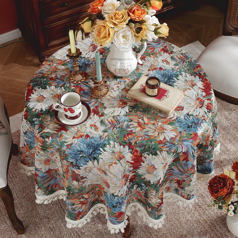 Round Vintage American Style Jacquard Tablecloth With Floral Dining Table Caf Decor
