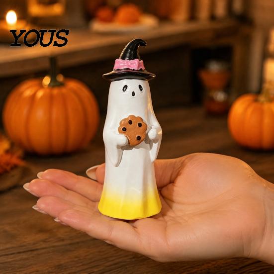 Spooky Sweet Holiday Accents Halloween Cute Ghost Ornament, Resin Figurines with Cake/Cookie Decorative Crafts for Design Desktop Fireplace Home Party