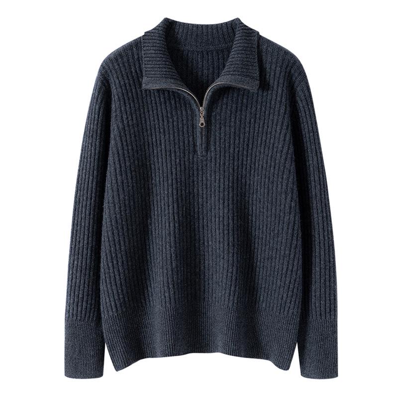 Elegant European Cashmere Lambswool Zip-Up Sweater for Women