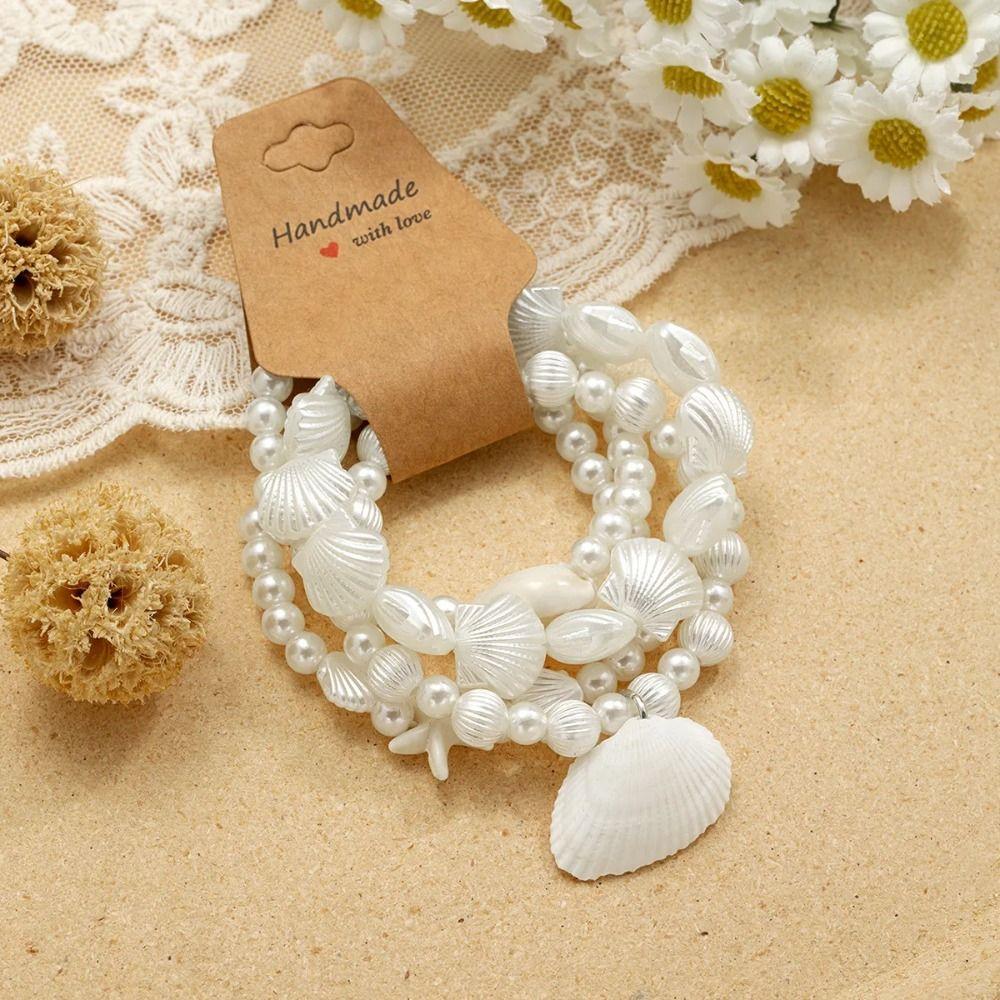 4Pcs/Set Multilayer Conch Beaded Bangles Imitation Pearl Wrap Charm Hand Chain Beach