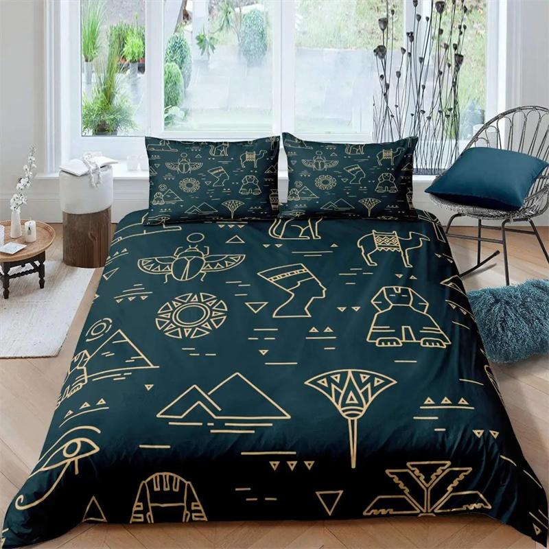 Ancient Egypt King Queen Duvet Cover Egyptian Symbol Bedding Collection Pharaoh Pyramid Boho Comforter Cover Soft Polyester Quilt Cover