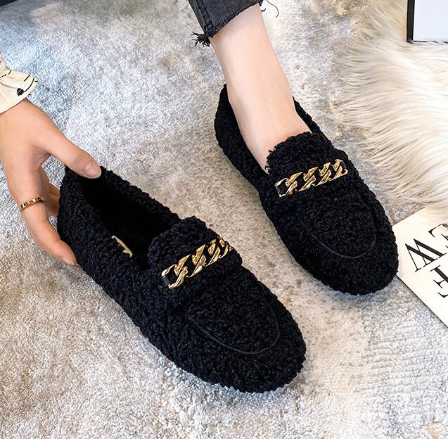 Fashion Plus Size Women Shearling Flats Furry Lambswool Mocasines Mujer Warm Cotton Shoes Ladies Slip On Sheep Fur Lined Loafers Winter