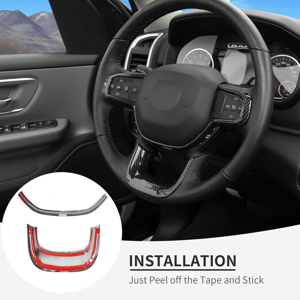 Linskip Steering Wheel Trim Fit for 2019 2020 2021 2022 2023 2024 Ram 1500 2500 3500, Steering Wheel Cover for Ram Interior Accessories(Carbon Fiber