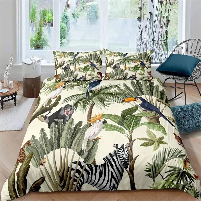 Papagei-Bettbezug-Set, schwarz-weiß gestreiftes Bettwäsche-Set, grüne Pflanze, Palmblätter, Bettbezug, Vogeltier, Polyester-Bettbezug