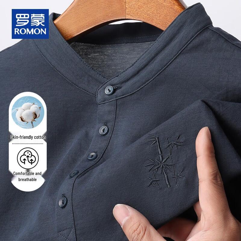 ROMON Men s Chinese Style Embroidered Cotton Linen Polo T-Shirt M