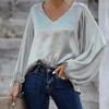 Solid Color Women Blouse Lantern Long Sleeve Simple Satin V-Neck Autumn