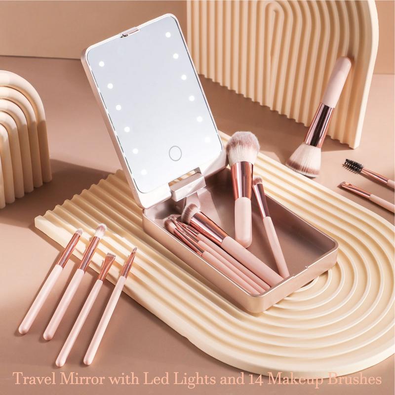 Travel Makeup Brush Set 14 Pieces Small Portable Make up Brush Sets for Women Makeup Brush Kit with LED Mirror and Storage Box