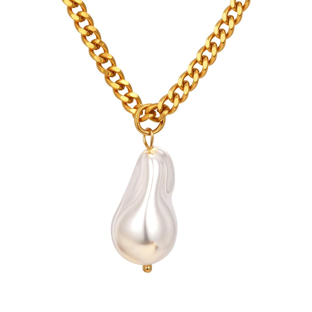 Schmuck Edelstahl Schleifkette Imitation Barockperle Gold Halskette Damen 2124