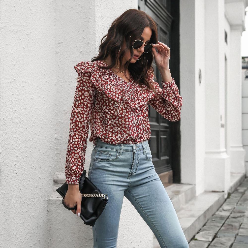 GMXIA Women's Fashion Casual Floral Print Long Sleeve V Neck Blouses & Shirts