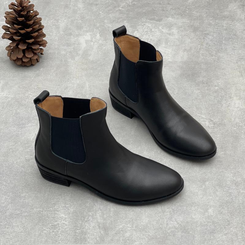 Johnature Handmade Genuine Leather Short Boots Retro Cowhide Versatile Pointed Toe Thick Heel Women's Boots