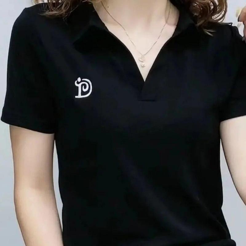 Dámské polo tričko s krátkým rukávem, nové letní výstřih do V, pletené svetry s písmeny, dámské oblečení, plus size, dámské topy