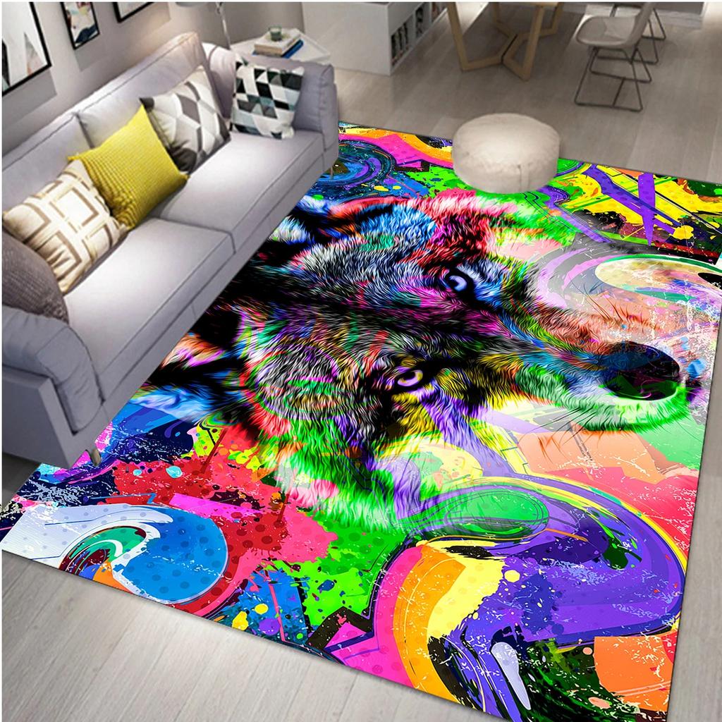 Wolf Carpet Bohemian Mandala Flower Area Rug for Living Room Bathroom Laundry Room Decor Wild Animal Doormat Non-Slip Floor Mat