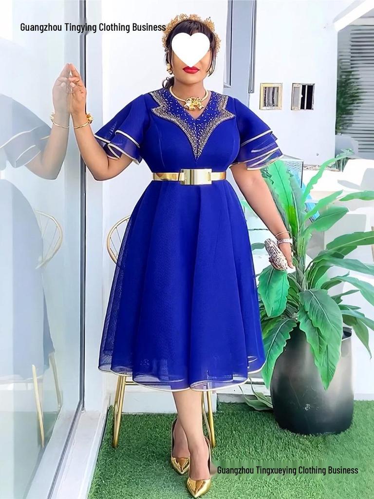 Plus Size V-neck African Women’s Bodycon Dress with Beaded Belt