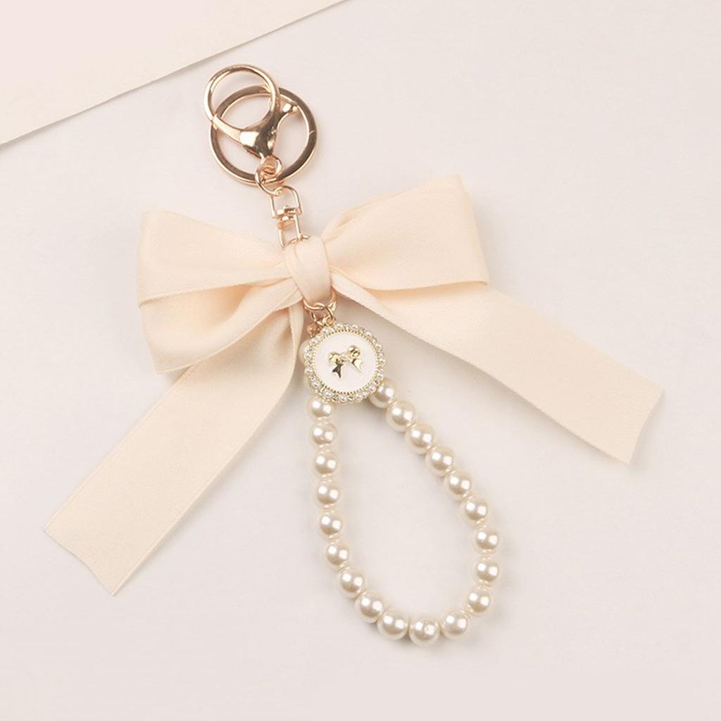 Elegant Pearl Chain Keychain with Large Ribbon Bowknot Pendant Stylish Keychain for Women and Girls Bag Decoration