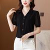 Women's short-sleeved chiffon splicing top women's summer new black foreign style age-reducing meat-covering and thin shirt women