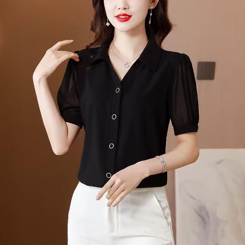 Women's short-sleeved chiffon splicing top women's summer new black foreign style age-reducing meat-covering and thin shirt women