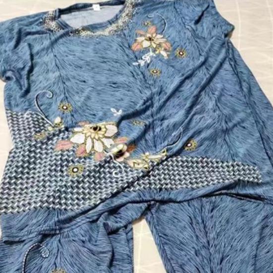 2Pcs/Set Grandma T-shirt Pants Suit Summer Short Sleeve O Neck Elegant Flower Print Breathable High Elastic Elderly Women Mom Top Cropped Trousers Kit