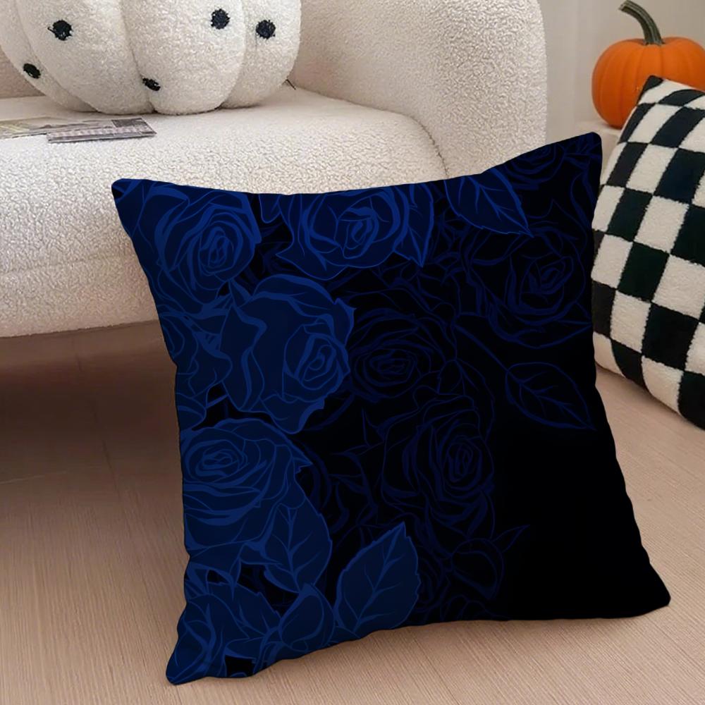 Blue Rose Cushion Cover Linen Pillow Case Soft Breathable Protective Couch Room Decoration