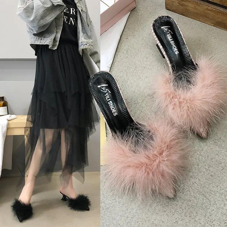 Women's Half Slippers New Summer Sexy Pointed Temperament High-heeled Slippers Female Fashion Furry High Heels Solid Slides2025