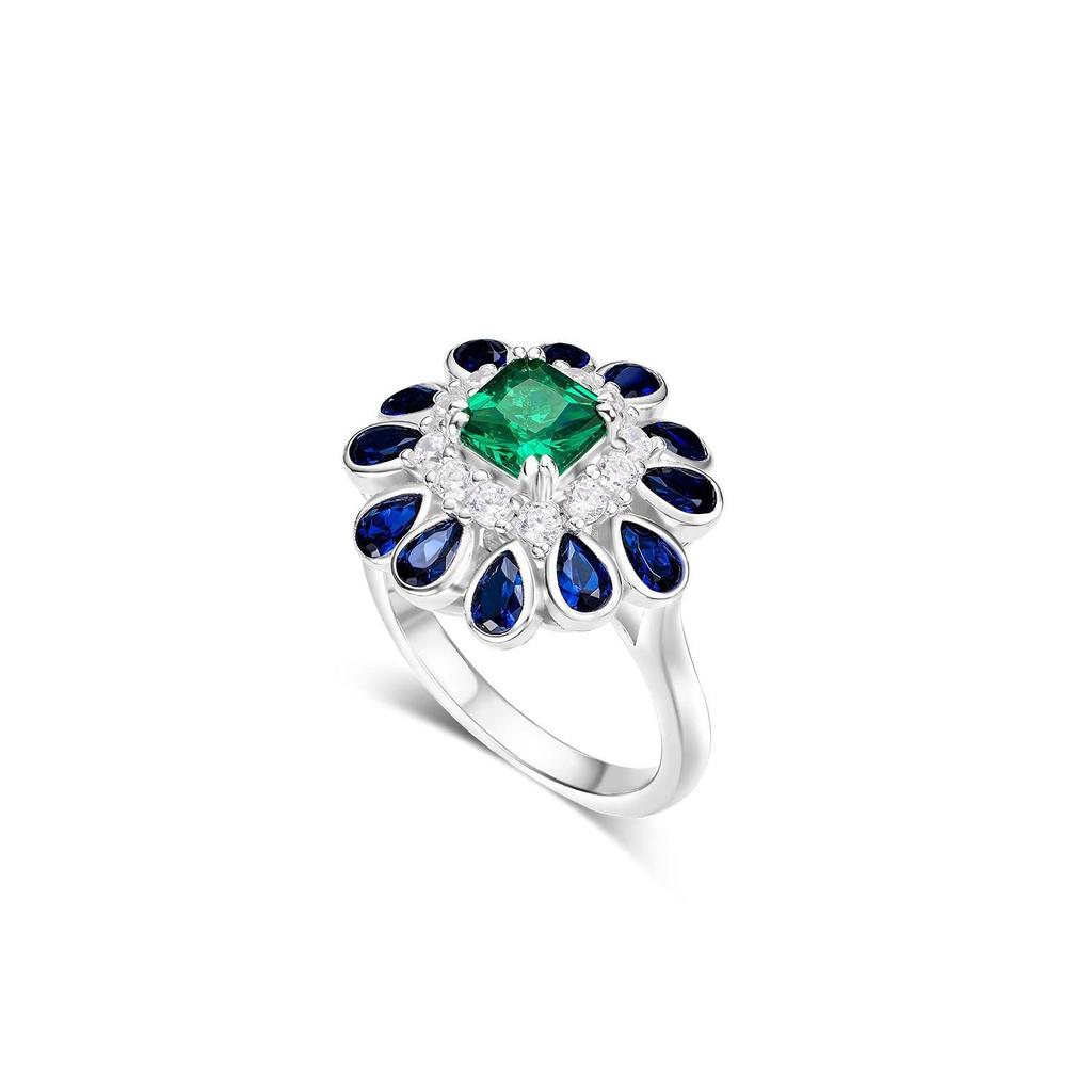 Retro Sunflower Pendant & Synthetic Emerald Stud Earrings with Open Ring - Gemstone Set for Women