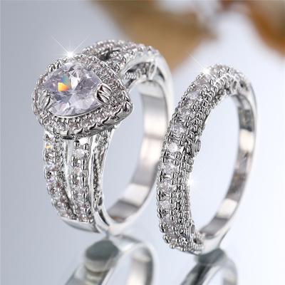 S Female CopperColor White Zircon Stone Ring Set Vintage Bridal Wedding Bands Party Jewelry For Women