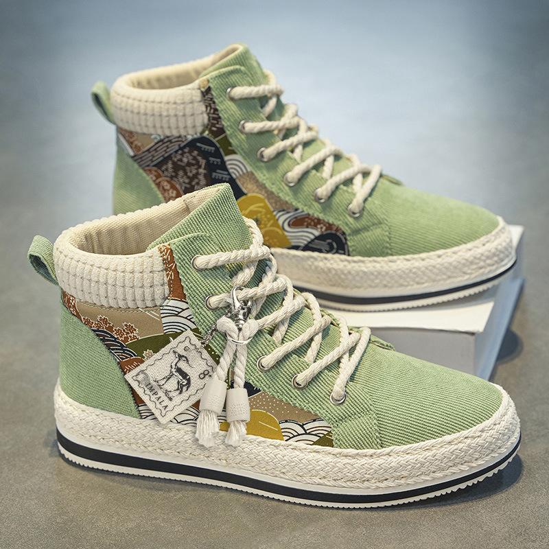 Chaussures de Skate Montantes d'Automne Tissu Côtelé Tendance Personnalisé Paille Semelle Épaisse Chaussures de Sport Décontractées d'Extérieur pour Homme