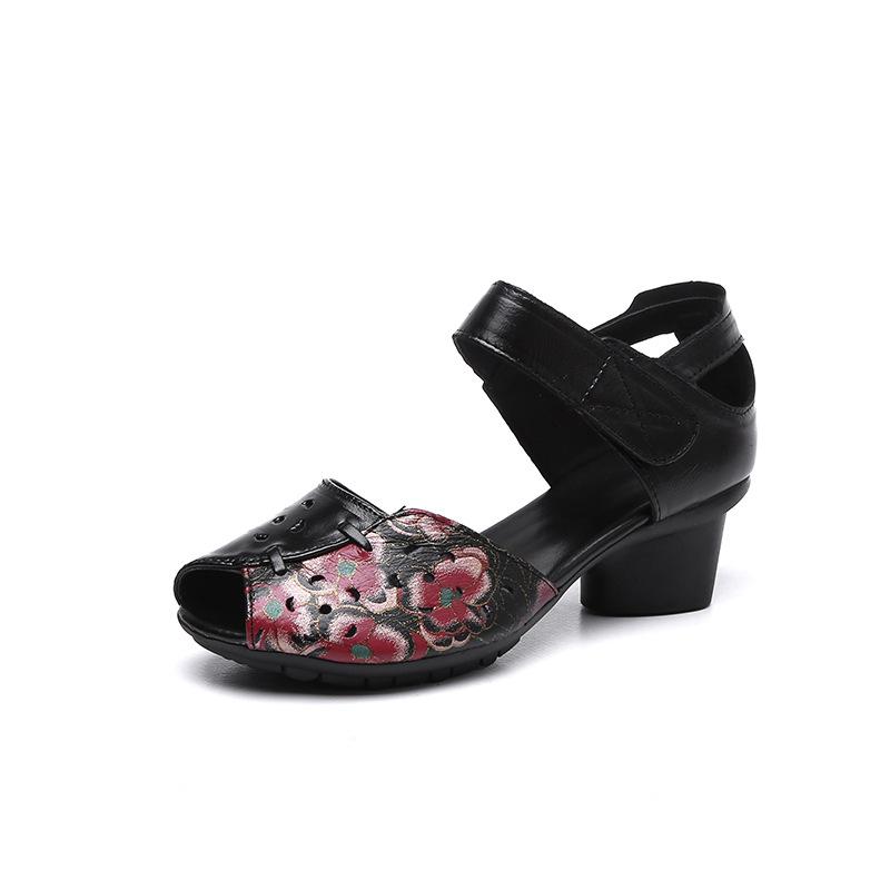 

Sandals women wear new summer fish mouth first layer cowhide mother thick heel soft sole printed women s shoes 36 чорний