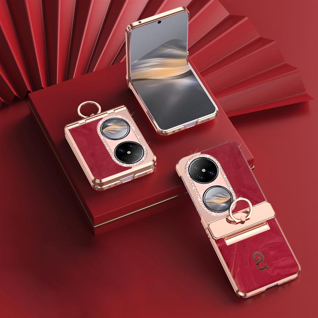 For Huawei Pocket 2 Case Ring Holder Rhinestone Decor PU Leather PC Folding Phone Cover