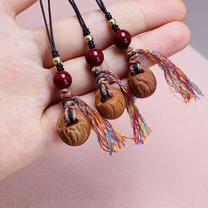 Peach Wood Phone Lanyard with Cinnabar Pendant, Hand-Woven Phone Chain & Keychain Rope