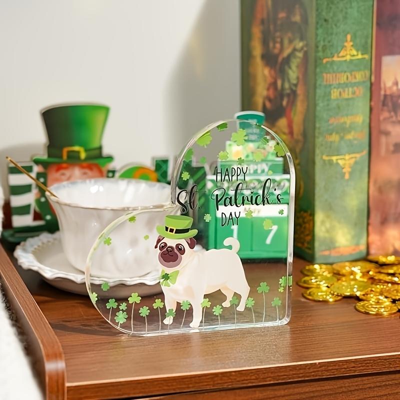 Happy St. Patrick'S Day Acrylic Heart Plaque with Leprechaun Dog & Clover Design - Perfect for Home, Office, or Desk Decor | Ideal Gift for Dog Lovers