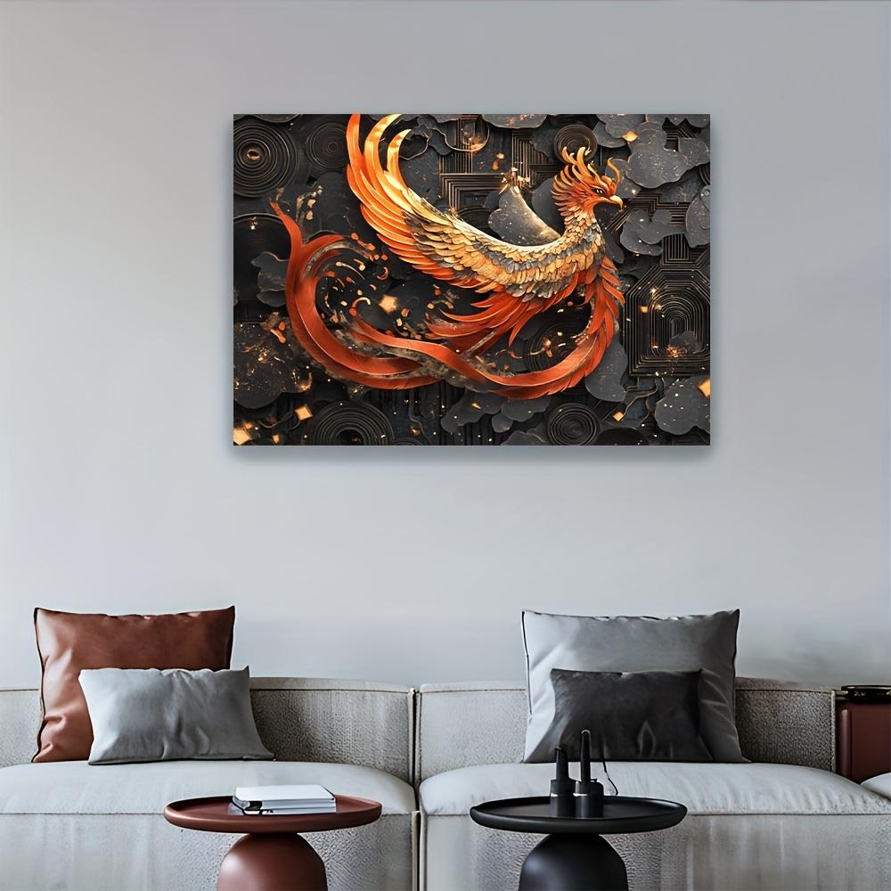 Elegant Phoenix-Themed Polyester Tapestry | Vibrant Red & Golden Design with Abstract Geometric Patterns | Ideal for Liv