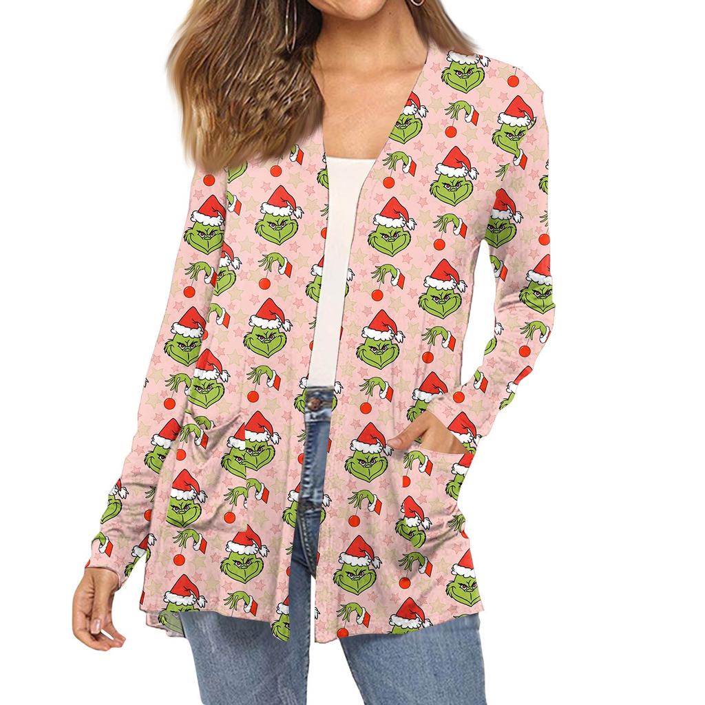 Women's Fashion Christmas Print Long-Sleeved Pocketed Slim-Fit Cardigan Coat