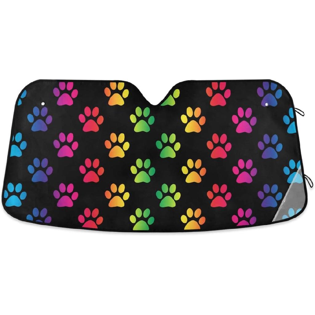 Colorful Paw Car Windshield Sun Shade Fun Animals Cat Dog Gradient Rainbow Footprint Foldable UV Ray Sun Visor Protector Sunshade to Keep Your